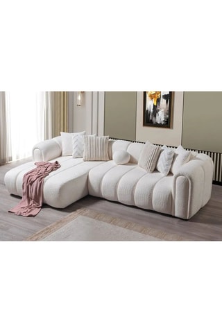 Canapé d'angle gauche - Blanc - 4 ou 5 places - En tissu bouclette - 265 x 185 x 95 cm