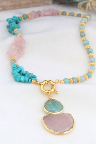 Ketting - doublé geelgoud, kwarts en amazonieten