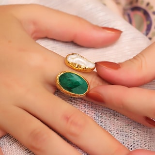 Verstelbare Ring - Messing Doublé Goud, Agaat & Parel