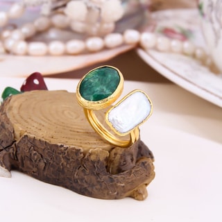 Verstelbare Ring - Messing Doublé Goud, Agaat & Parel