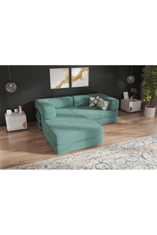 Sofá cama con puf Smart - Verde agua - 2 plazas - De tela de terciopelo