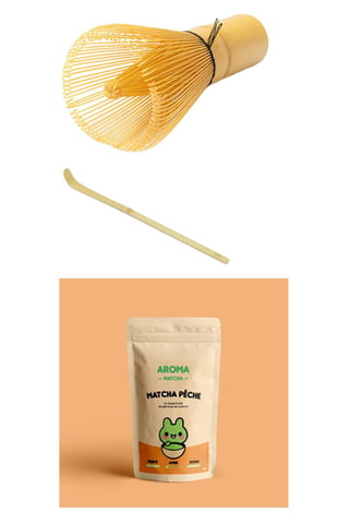 Matcha Pêche - Sachet de 30 g, cuillère pour matcha et fouet en bambou