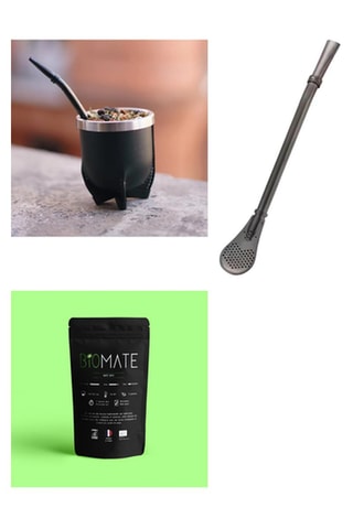 Maté Vert Bio - Sachet de 50 g, paille en acier inoxydable - Noir et Tasse à café en acier inoxydable - 20 cl - Noir