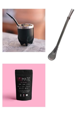 Maté Fraise Framboise Bio - Sachet de 50 g, Paille en acier inoxydable - Noir et Tasse à café en acier inoxydable - 20 cl - Noir