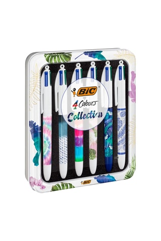 Metalen Doosje 6 Balpennen met 4 Kleuren Botanic en Tie & Dye - 4 Inktkleuren