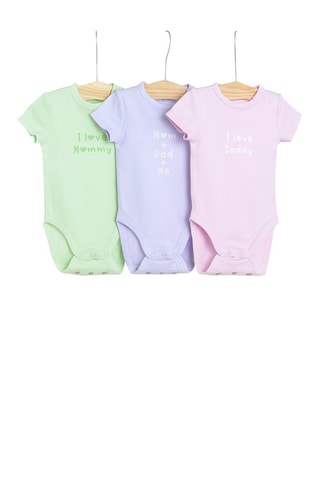 3 bodys Vert clair, mauve et rose