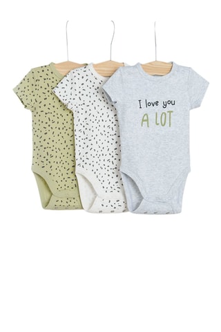 3 bodys Gris clair chiné, blanc et kaki