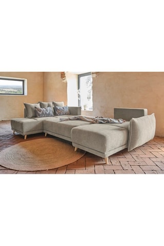 Canapé d’angle gauche panoramique convertible Lazy - Taupe - 8 places - En polyester antitache
