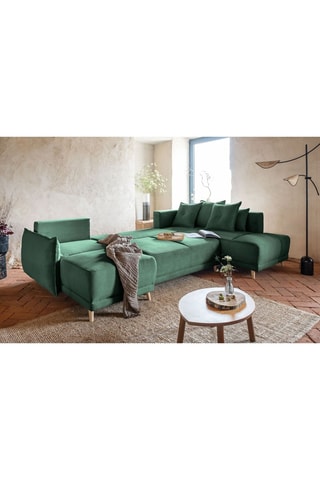 Canapé d’angle droit panoramique convertible Lazy - Vert bouteille - 8 places - En polyester