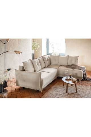 Canapé d’angle droit convertible Lazy Lukka - Beige - 6 places - Toucher velours