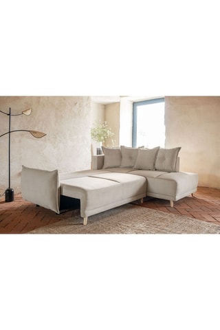 Canapé d’angle droit convertible Lazy Lukka - Beige - 6 places - Toucher velours