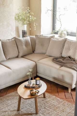 Canapé d’angle droit convertible Lazy Lukka - Beige - 6 places - Toucher velours