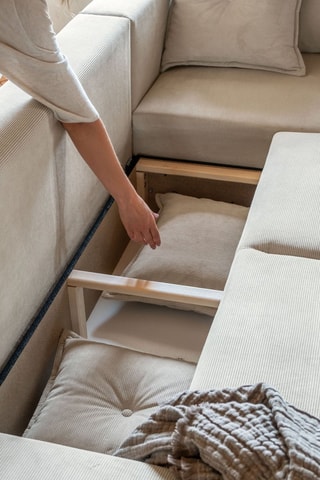 Canapé d’angle droit convertible Lazy Lukka - Beige - 6 places - Toucher velours