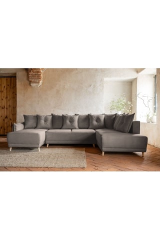 Canapé d’angle droit panoramique convertible Lazy - Ecru - 8 places - En polyester