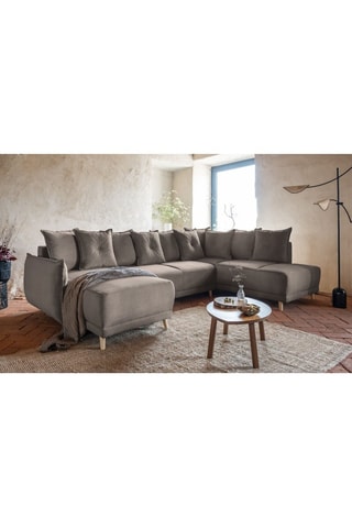 Canapé d’angle droit panoramique convertible Lazy - Ecru - 8 places - En polyester