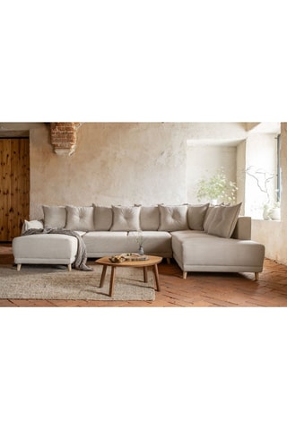 Canapé d’angle droit panoramique convertible Lazy - Beige - 8 places - En polyester