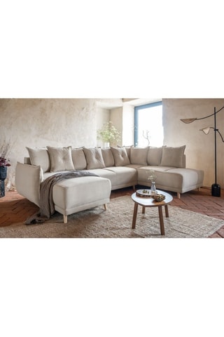 Canapé d’angle droit panoramique convertible Lazy - Beige - 8 places - En polyester