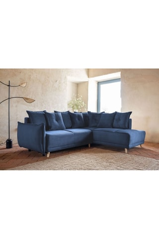 Canapé d’angle droit convertible Lazy Lukka - Bleu marine - 6 places - Toucher velours