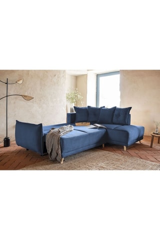 Canapé d’angle droit convertible Lazy Lukka - Bleu marine - 6 places - Toucher velours