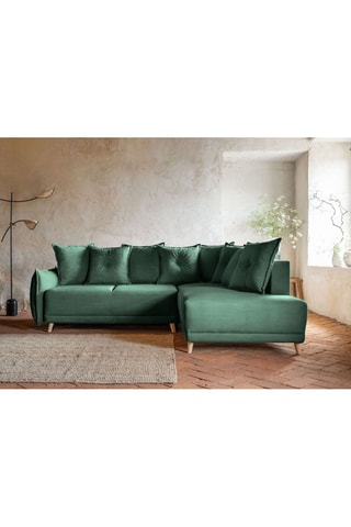Canapé d’angle droit convertible Lazy Lukka - Vert bouteille - 6 places - Toucher velours