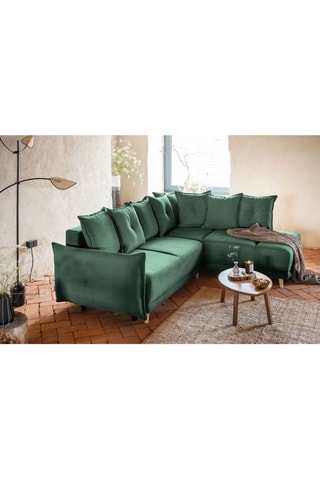 Canapé d’angle droit convertible Lazy Lukka - Vert bouteille - 6 places - Toucher velours