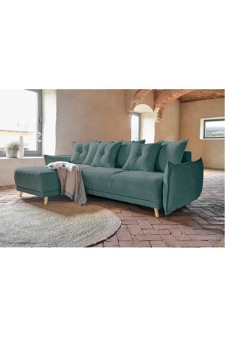 Canapé d’angle convertible Lazy Lukka - Turquoise - 4 places - Toucher velours