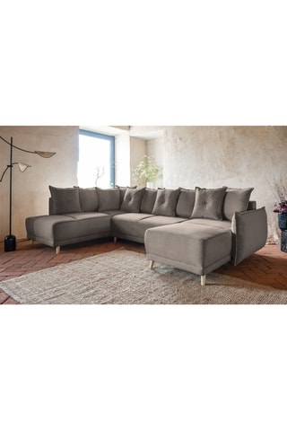 Canapé d’angle gauche panoramique convertible Lazy - Ecru - 8 places - En polyester
