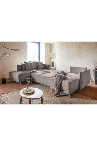 Canapé d’angle gauche panoramique convertible Lazy - Ecru - 8 places - En polyester