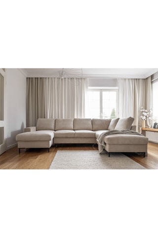 Canapé d'angle droit panoramique convertible - Beige - 8 places - En polyester