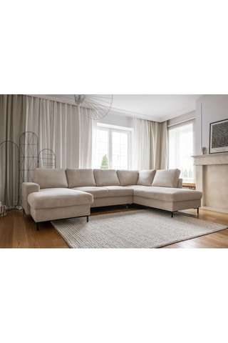 Canapé d'angle droit panoramique convertible - Beige - 8 places - En polyester