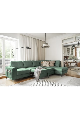 Canapé d’angle droit convertible Lofty Lilly - Vert émeraude - 7 places - En polyester