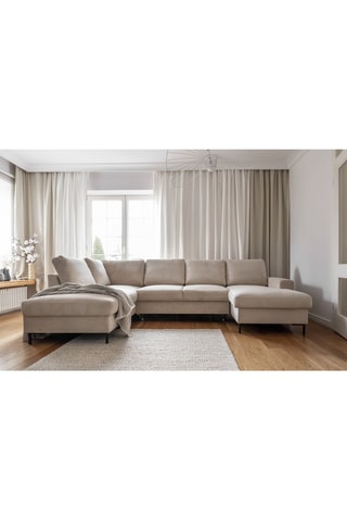 Canapé d'angle panoramique gauche convertible - Beige - 8 places - En tissu velours côtelé