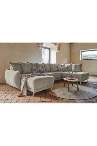 Canapé d’angle droit panoramique convertible Lazy - Taupe - 8 places - En polyester antitache