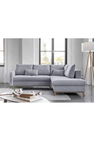 Canapé d'angle droit convertible Scandic Lagom - Gris clair - 6 places - En tissu structuré