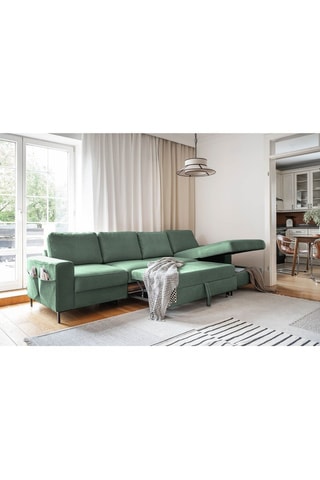 Canapé d’angle droit convertible Lofty Lilly - Vert émeraude - 5 places - En polyester toucher velours