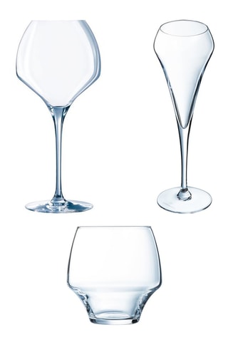 6 flûtes en cristallin Open Up - 20 cl, 6 verres à pied en cristallin Open Up - 47 cl et 	6 verres bas en cristallin Open up - 38 cl