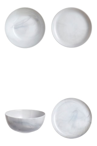 6 bols - 12 cm, 6 assiettes plates en verre opale Diwali - 25 cm, 6 assiettes creuses en verre opale Diwali - 20 cm et 6 assiettes à dessert en verre opale Diwali - 19 cm