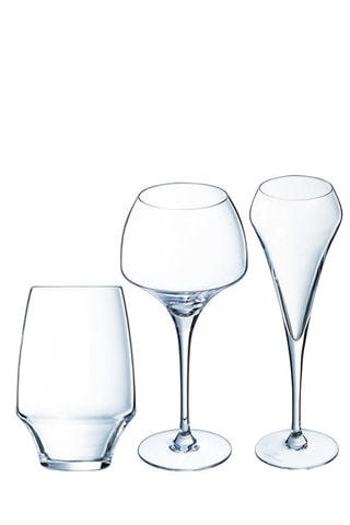 6 verres à pied en cristallin Open Up - 55 cl, 6 flûtes en cristallin Open Up - 20 cl et 6 verres à eau en cristallin Open Up - 35 cl