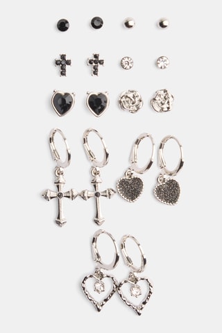 6 paires de puce et 3 paires de boucles d’oreilles - Argenté et noir
