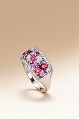 Anillo - Oro blanco, amatista, rodolita y topacio