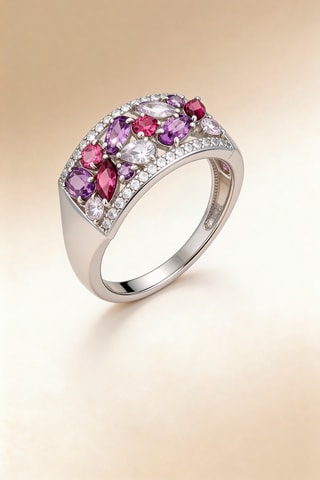 Anillo - Oro blanco, amatista, rodolita y topacio