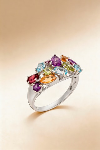 Anillo Tutti Frutti - Oro blanco, amatistas, citrinos, rodolitas y topacios