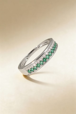 Anillo Double voie - Oro blanco, diamantes y esmeraldas