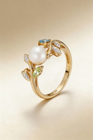 Anillo Tosca - Oro amarillo, diamantes, prehnita, topacio y perla cultivada