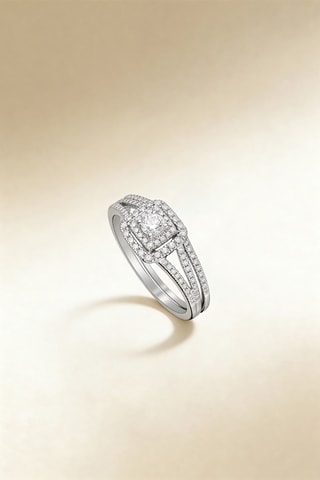 Alianza y solitario Carré somptueux - Oro blanco, diamantes y solitario