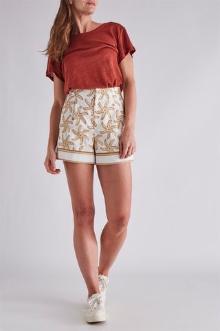Short en lin taille haute - Ecru et marron