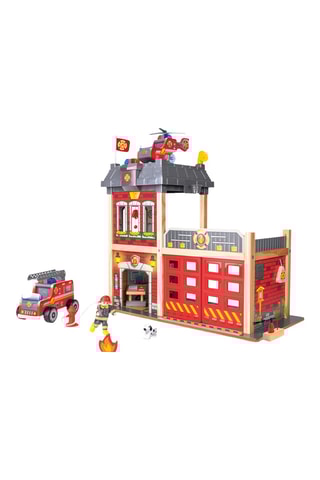 Quartel de bombeiros em pinho e madeira de schima - 13 peças - Dos 3 aos 10 anos