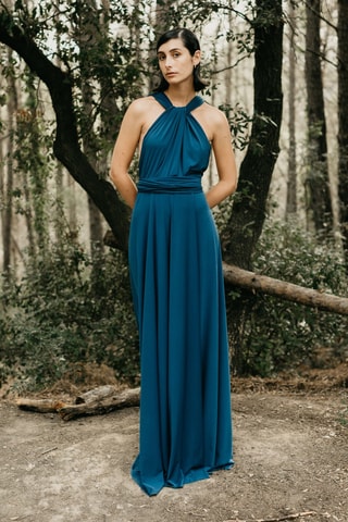 Lange mouwloze jurk - Pauwblauw