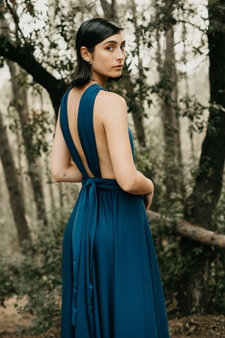 Lange mouwloze jurk - Pauwblauw