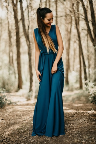 Lange mouwloze jurk - Pauwblauw